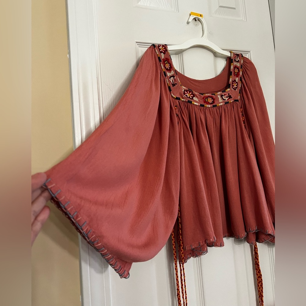 BanJara embroidered crop long sleeve, BoHo blouse with tie up tassels. Small
